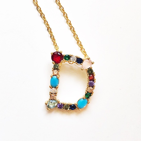 D monogram letter gold rhinestone necklace - Picture 2 of 2
